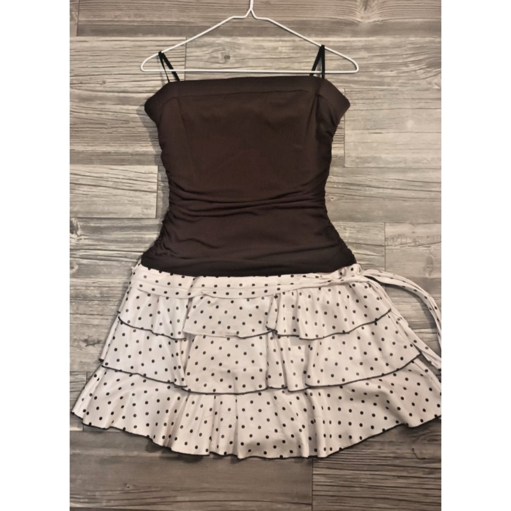 VTG 90s Y2K IN San Francisco Cream Brown Polka Dot Strapless Tube Mini Dress L